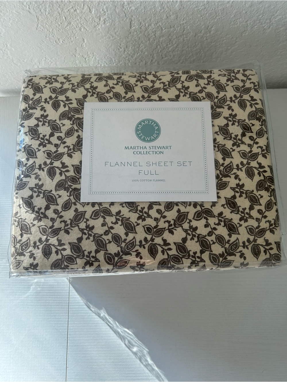 Martha Stewart Collection Full Flannel Sheet Set - Cream with Brown Leaf Print